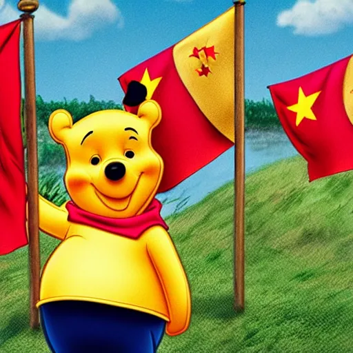 Image similar to winnie the pooh saluting the chinese flag, photorealistic