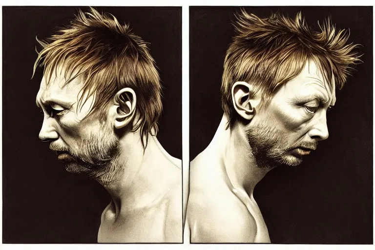 Prompt: hyper realistic portrait of thom yorke version singer songwriter ok computer, ( side ) profile, liminal space, by lee bermejo, alphonse mucha and greg rutkowski