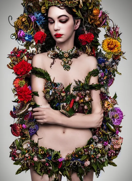 Image similar to full body environmental portrait photo of heart evanglista, ornate headpiece made from flowers, ornaments, glamour shot by gemmy woud - binnendijk, chris knight, photorealistic, canon r 3, fashion photography, ornate, symmetrical features, octane render, unreal engine, solid dark background, clamp shell lighting, rim lighting