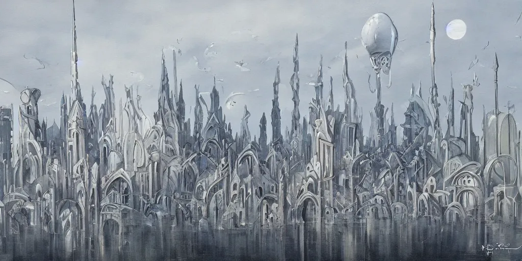 Image similar to a beautiful painting of city landscape, islamic arhcitecture, louis kahn, fantasy, futuristic, by yves tanguy, trending on artstation