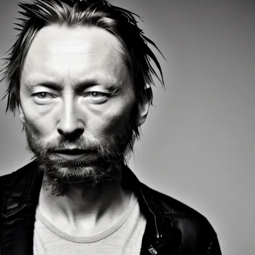 Image similar to Thom Yorke, Thom Yorke, Thom Yorke, with a beard and a black jacket, a portrait by John E. Berninger, dribble, neo-expressionism, uhd image, studio portrait, 1990s