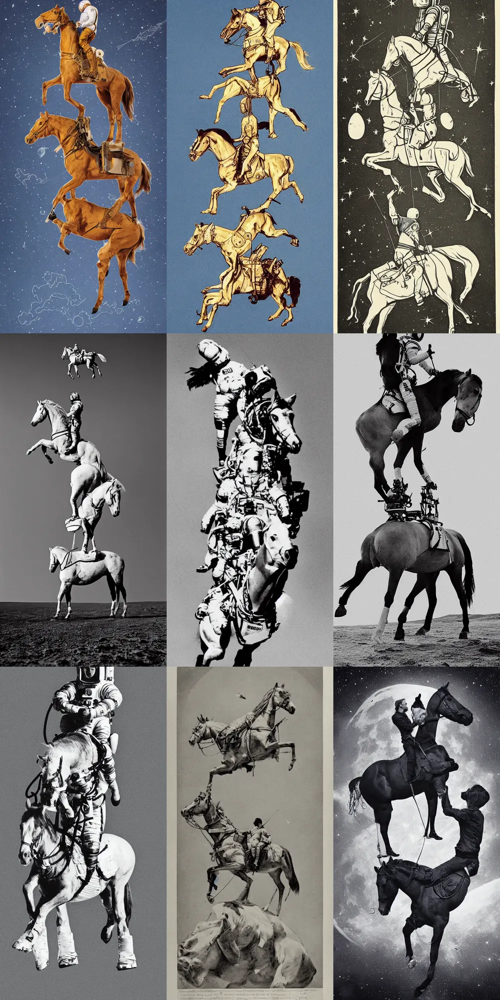 Prompt: horse standing on the head of the astronaut on the moon, horse on the head of the man, horse standing on the head of astronaut, astronaut carrying a horse,