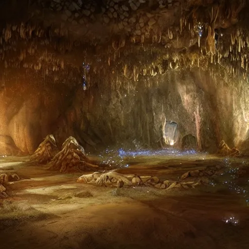 Prompt: beautiful matte painting of a cave with glowing crystals on the walls and bone piles on the floor, fantasy, sharp focus