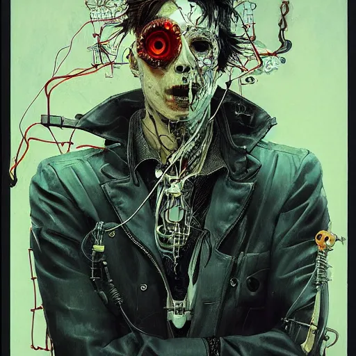 Image similar to a male cyberpunk noir detective, skulls, wires cybernetic implants, machine noir grimcore, in the style of adrian ghenie esao andrews jenny saville surrealism dark art by james jean takato yamamoto and by ashley wood and mike mignola