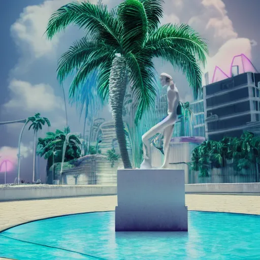 Image similar to a broken statue in a surreal underground white tiled swimming pool surrounded by neon lights and palm trees in vapor wave style, 3D octane render, hyperrealistic, finely detailed, dramatic lighting, neon lighting, unreal engine, houdini, 8k, 4k, raytracing