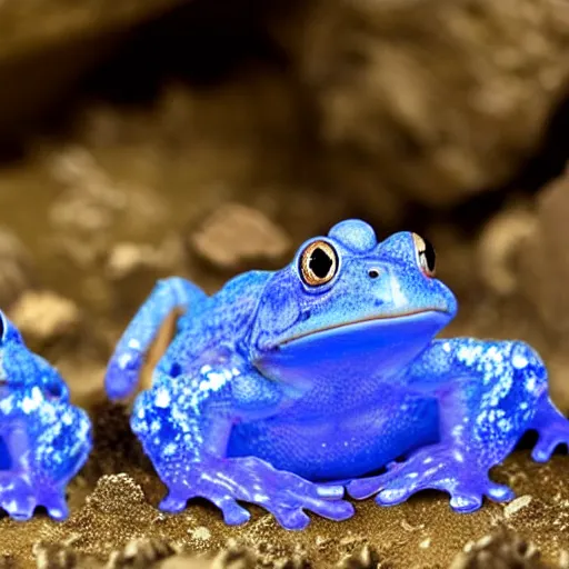 Prompt: investors in a cave full of blue crystals and frogs