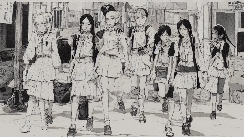 Image similar to cute schoolgirl walk in ghetto, in style of katsuya terada,, 8 k, hyper detailed.