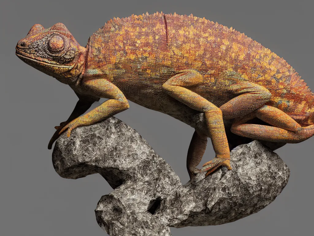 Prompt: A detailed film still of a chameleon carving a stone statue of the lambda symbol in a soft warm lighten cave, octane render, cell shading, volumetric lighting, very detailed