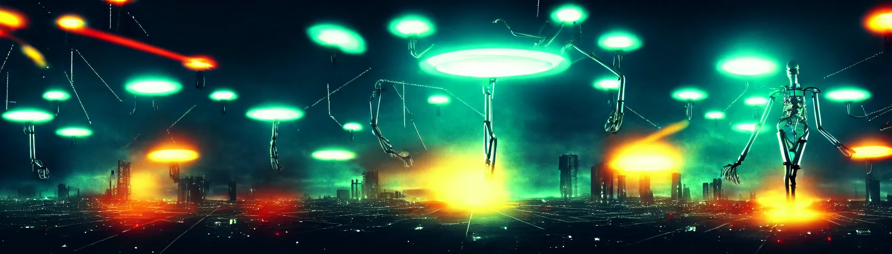 Image similar to apocalyptic ufo scene of cyborg arms with claws reaching out to try and catch fast moving ufos, in the style of blade runner, cyberpunk, laser, smoke, debris