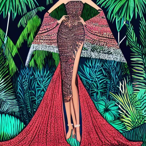 Image similar to zuhair murad dress fashion illustration by eko nugroho, jungle background, fine detail