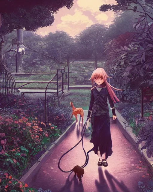 Prompt: a girl walking her small dog at the park, full shot, focused, ambient lighting, detailed face, art by ayami kojima, makoto shinkai, kilian eng