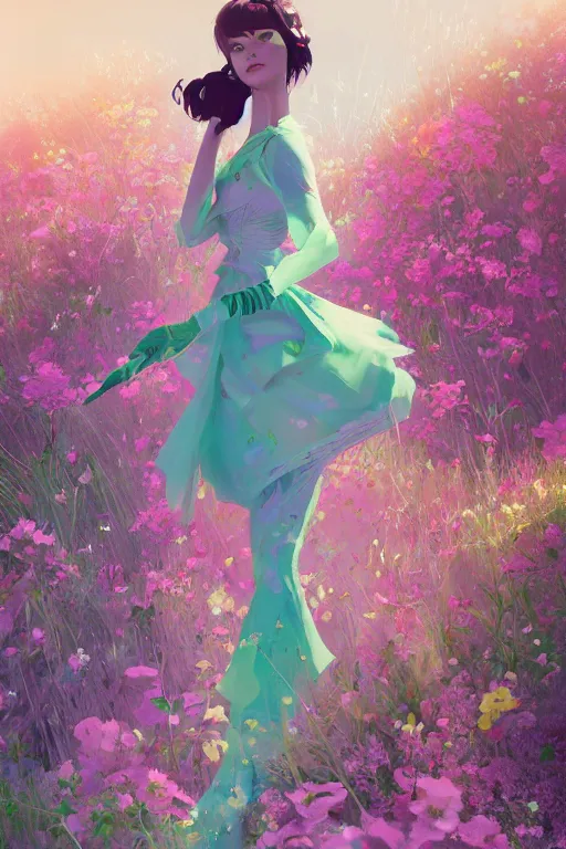 Image similar to elegant, beautiful woman in colourful clothing, ultrafine illustrated, ultradetailed flowery environment, by conrat roset, makoto shinkai, craig mullins, alphonse murac, detailed artwork, extremely detailed and high quality, global illumination, octane render, digital art trending on artstation