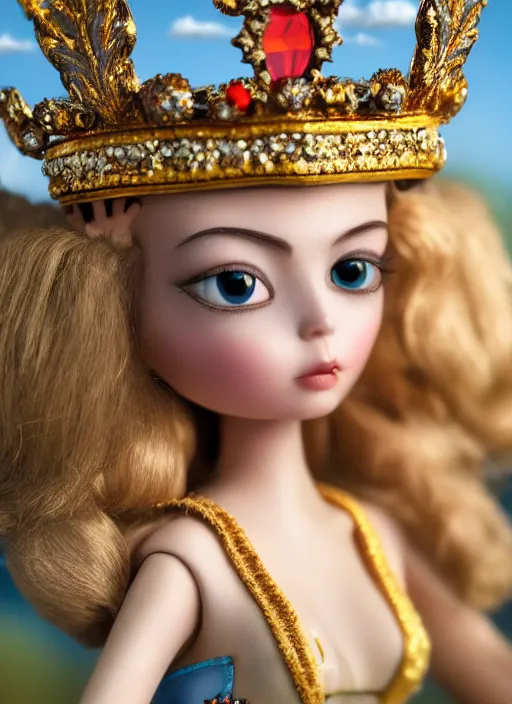 Image similar to closeup profile portrait of tin toy fairytale princess wearing a crown, bikini, depth of field, zeiss lens, detailed, symmetrical, centered, fashion photoshoot, by nicoletta ceccoli, mark ryden, lostfish, breathtaking, 8 k resolution, extremely detailed, beautiful, establishing shot, artistic, hyperrealistic, octane render