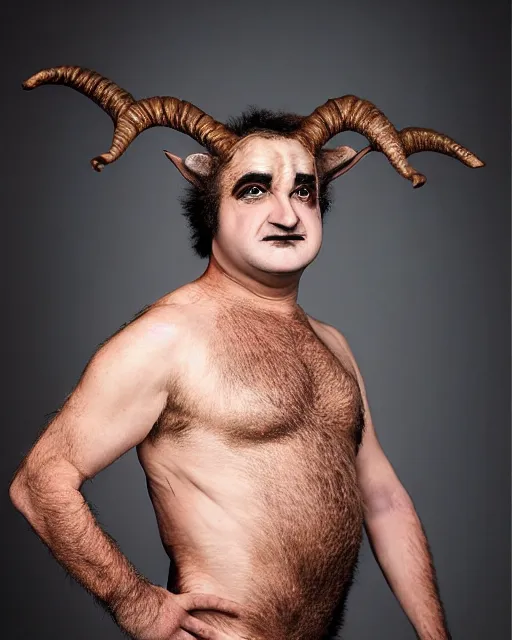 Image similar to actor John Belushi in Elaborate Pan Satyr Goat Man Makeup and prosthetics designed by Rick Baker, Hyperreal, Head Shots Photographed in the Style of Annie Leibovitz, Studio Lighting