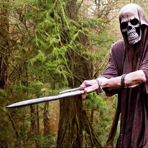 Prompt: bill moseley stealing the grim reaper's weapon, realistic horrors