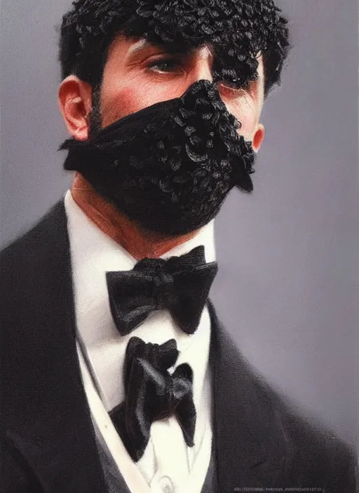 Prompt: a black tuxedo suit with a tie, a flowery bush growing out of the neck hole, intricate, highly detailed, concept art, hyperrealistic, oil painting by greg staples, 8 k