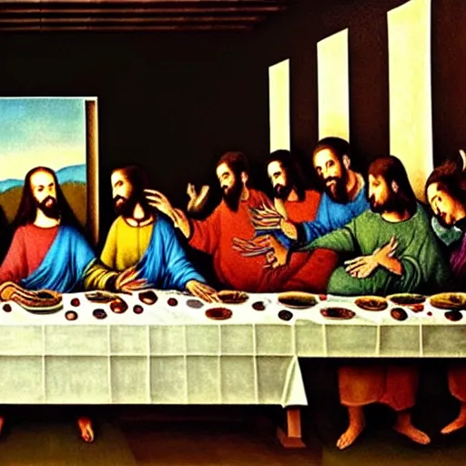 Prompt: a painting The Last Supper in Dali style