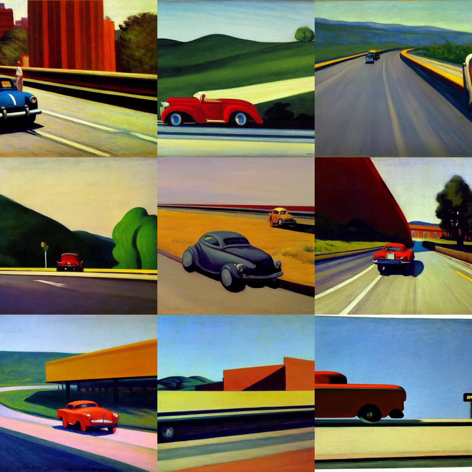 Prompt: car on highway, painting by edward hopper