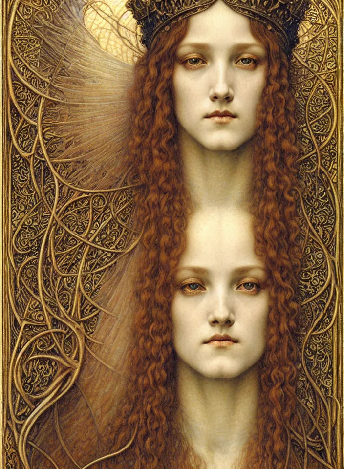 Image similar to detailed realistic beautiful young medieval queen face portrait by jean delville, gustave dore and marco mazzoni, art nouveau, symbolist, visionary, gothic, pre - raphaelite. horizontal symmetry