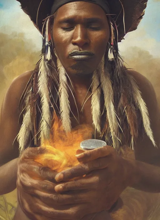 Prompt: a beautiful portrait of an indigenous man with black skin with a wide hat in the jungle, surrounded by smoke, smoking a pipe, mysterious atmosphere, fantasy art, matte painting, highly detailed