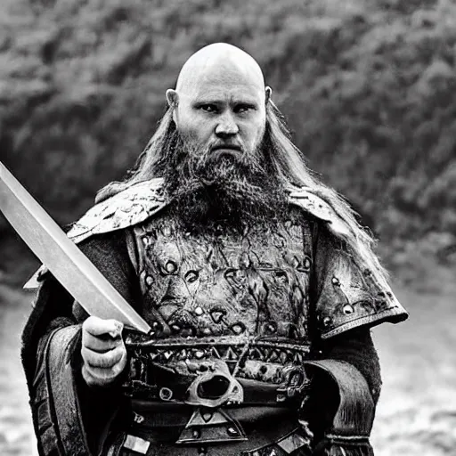 Image similar to “Viking man with a sword. Realistic newspaper photograph”