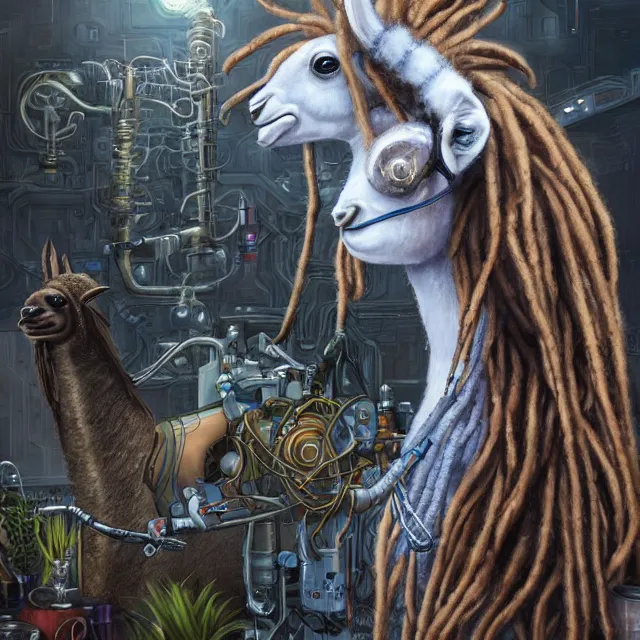 Image similar to llama with dreadlocks, industrial sci - fi, by mandy jurgens, ernst haeckel, james jean