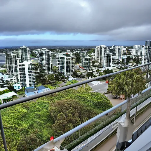 Prompt: a photograph from a high rise balcony overlooking the pacific ocean, gold coast australia, rainy grey afternoon