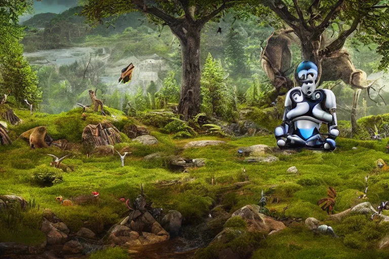 Image similar to professional photo of highly-detailed robot sitting cross-legged with its head pointing down, on a small hill, in a fantasy forest with blooming trees and surrounded my wildlife, river flowing beside the robot, 4k, highly detailed, Unreal Engine