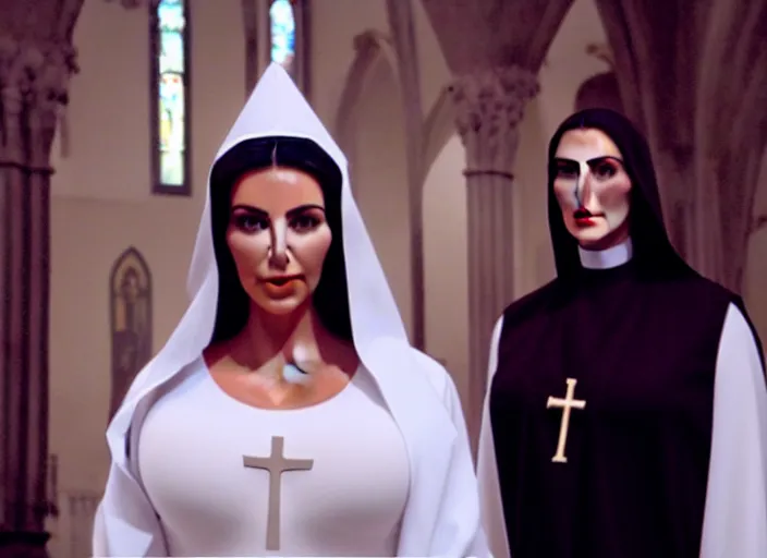 Image similar to a film still of kim kardashian as a nun with her bust slightly exposed. backround : church interior
