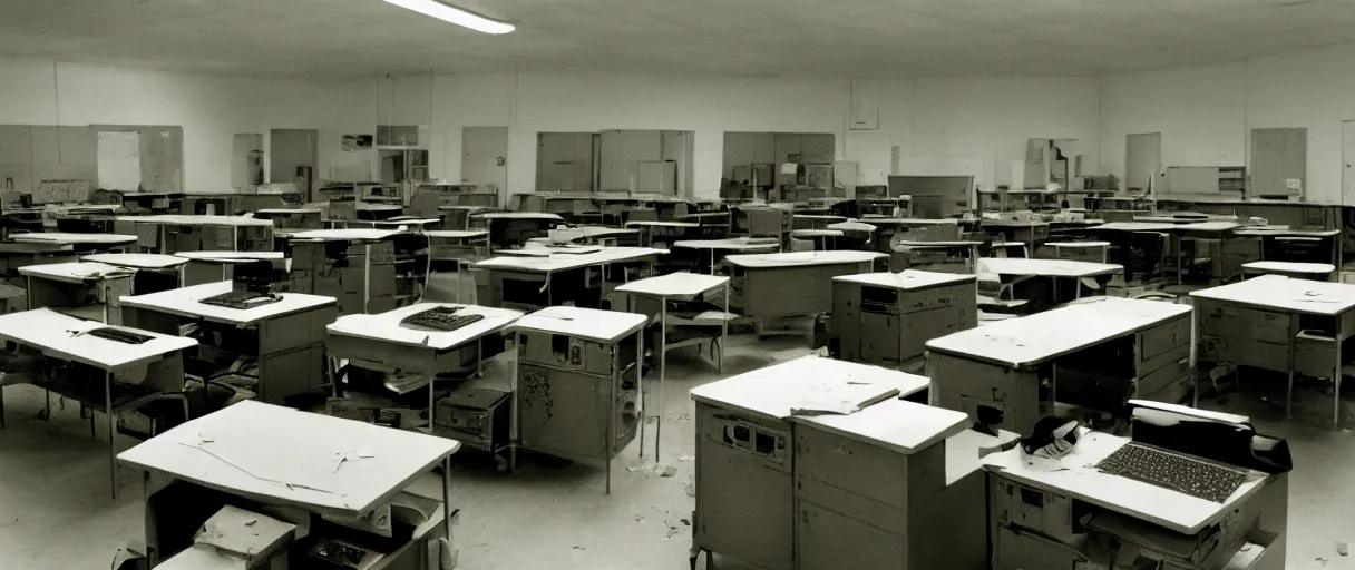 Prompt: movie still 4 k uhd 3 5 mm film color photograph of an abandoned computer laboratory full of cold war era computers