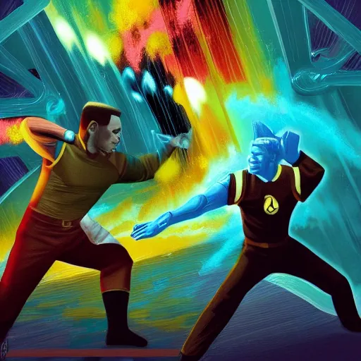 Prompt: a picture of tuvok hitting neelix from star trek with a backbreaker, star trek, intricate, highly detailed, digital painting, artstation, concept art, 4 k