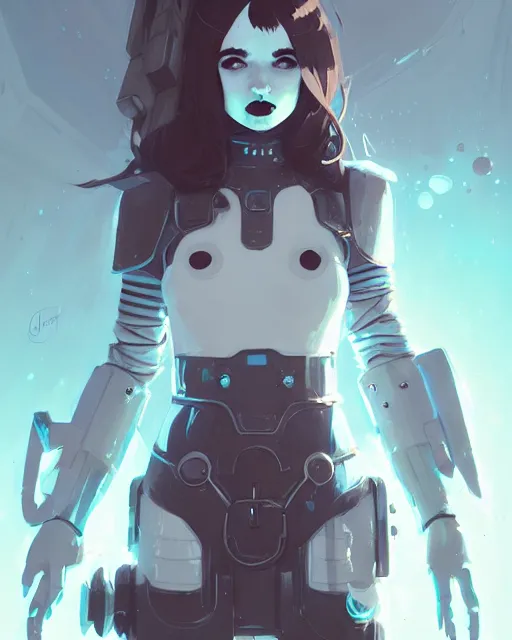 Image similar to portrait of cute goth girl in cyber armor, warhammer, by atey ghailan, by greg rutkowski, by greg tocchini, by james gilleard, by joe fenton, by kaethe butcher, dynamic lighting, gradient light blue, brown, blonde cream and white color scheme, grunge aesthetic