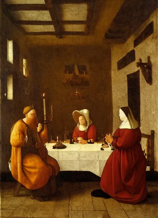 Image similar to a candlelit table at the inn, two people sitting at the table, swirling smoke, dark smoke, realistic, in the style of leonardo da vinci, dutch golden age, amsterdam, medieval painting by jan van eyck, johannes vermeer, florence