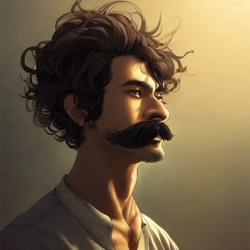 Image similar to Portrait of man with Tousled Curls type hair and Brown Indonesian-type skin, with round face and mustache, atmospheric lighting, intricate detail, cgsociety, ambient light, dynamic lighting, anime style by Yusuke Kozaki