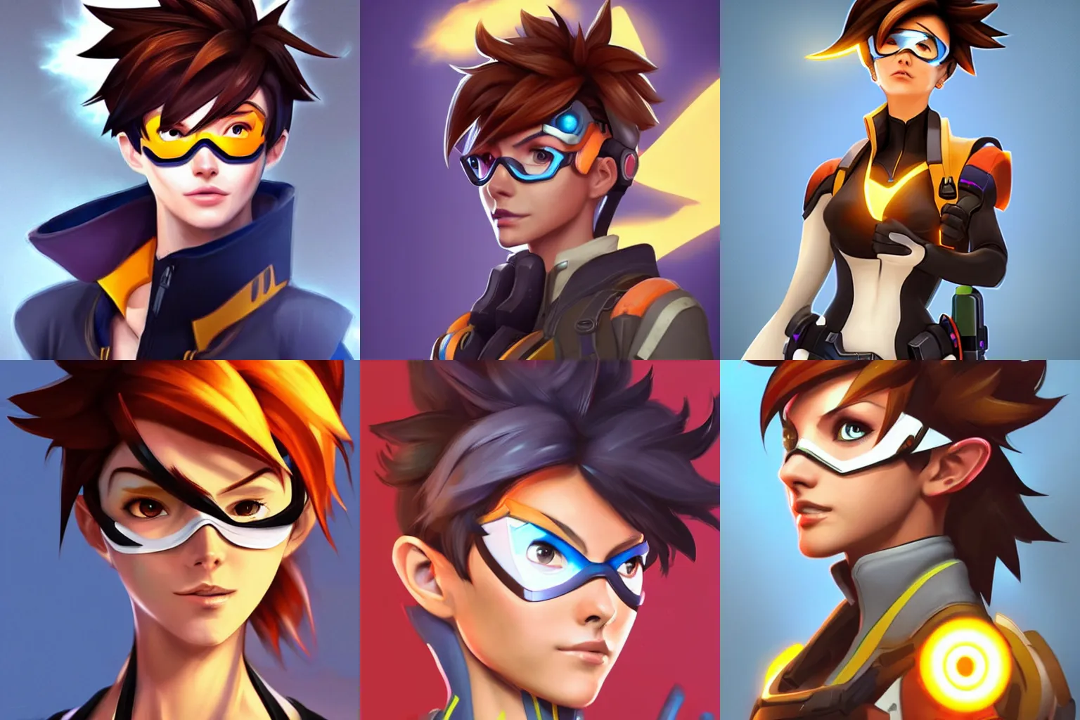 Prompt: portrait of Tracer from Overwatch, digital concept art, professional, digital art, 2d, stylized, beautiful, colorful, clean and simple, warm lighting, Krita, Artstation, Pinterest