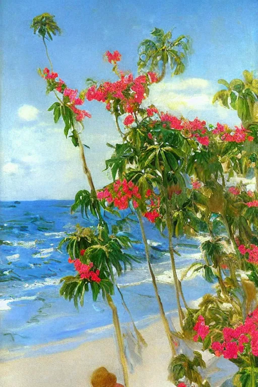 Prompt: beach, rose bunch on the sea surface, a sun in the sky bougainvillea palms, painting by john singer sargent
