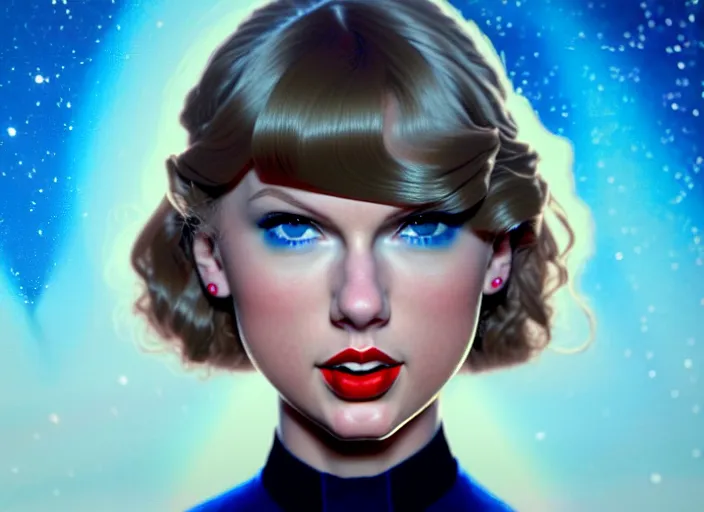 Image similar to a disney film still of taylor swift as a star trek officer, finely detailed features, closeup of the face, perfect art, dusk, blue hour, gapmoe yandere grimdark, trending on pixiv fanbox, painted by greg rutkowski, makoto shinkai, takashi takeuchi, alphonse mucha, akihiko yoshida