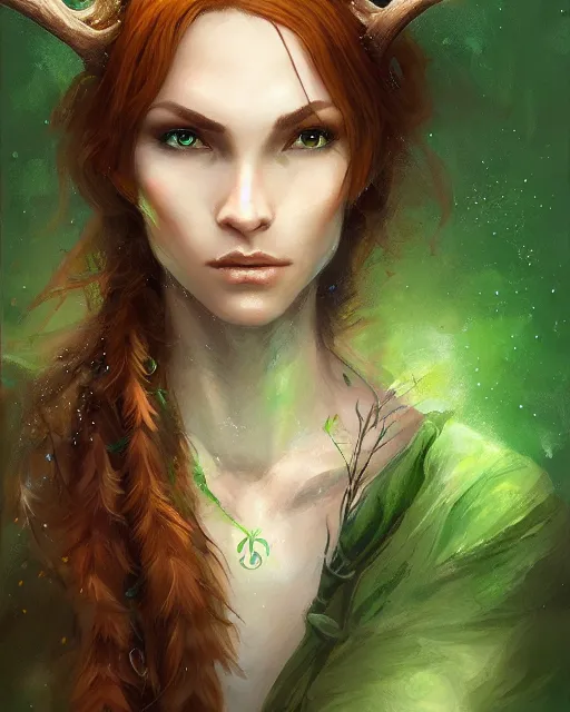 Image similar to female druid, perfect face, thin antlers, green tunic, ginger hair, cinematic, stunning, highly detailed, digital painting, artstation, smooth, hard focus, illustration, art by jessica rossier and and brian froud