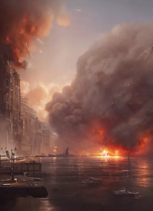 Prompt: hyper realistic giant fluffy caracal attacking city harbor explosions, atmospheric beautiful details, strong composition painted by kim jung giu weta studio rutkowski, james gurney and greg rutkowski, and lucasfilm