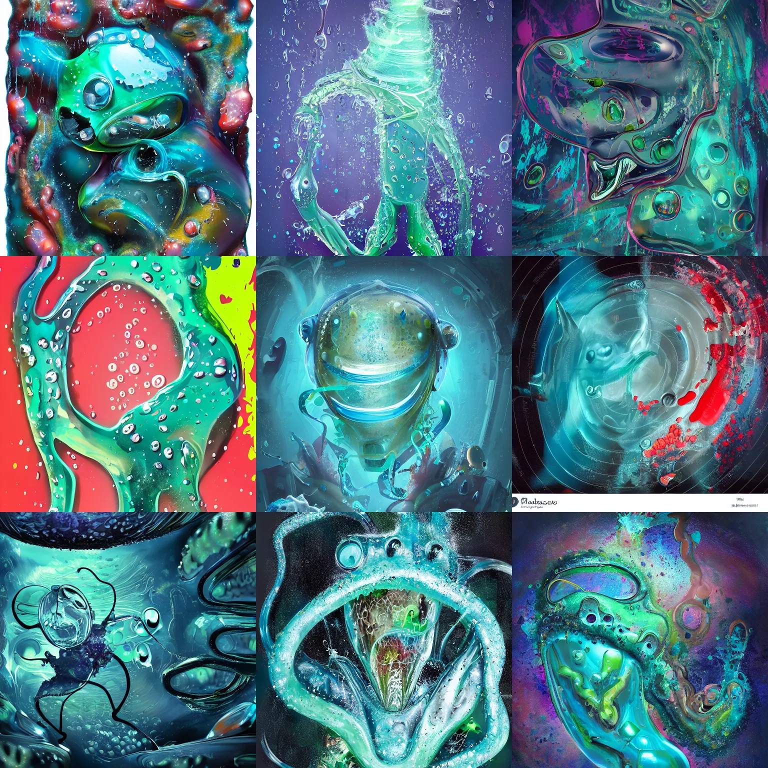 Prompt: stunning, breathtaking, awe - inspiring award - winning biomorphic anthropomorpic transparent gelatinous deep sea cyberpunk, abstract expressionist splatter painting, 8 k