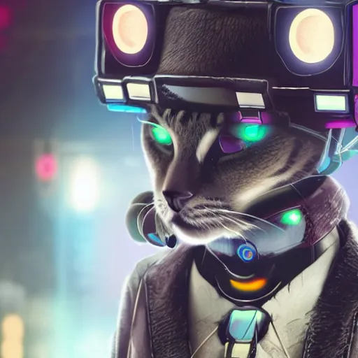 Prompt: close - up of a cat with humanoid robots in the background in a cyberpunk universe