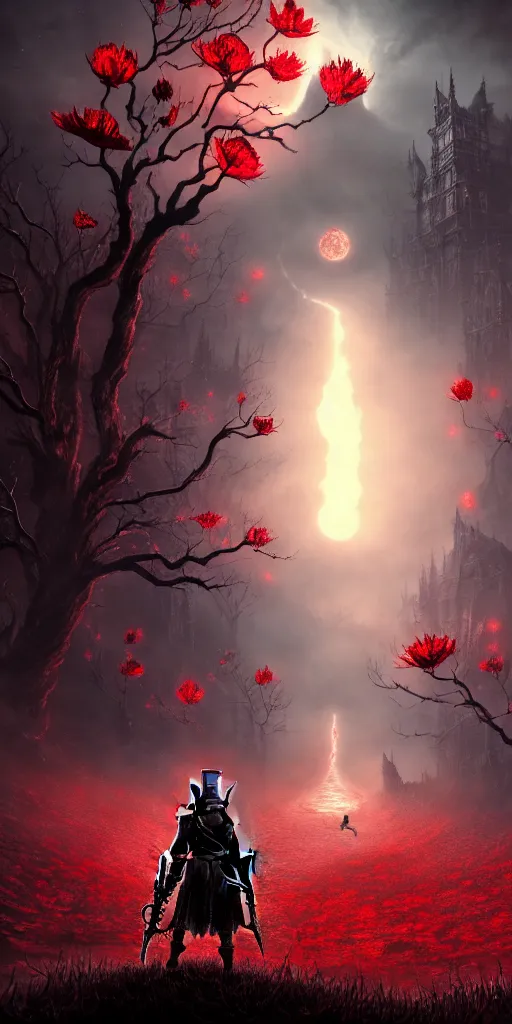 Prompt: abandoned bloodborne old valley with a person at the centre and a dragon at the end, trees and stars in the background, falling red petals, epic red - orange moonlight, perfect lightning, illustration by niko delort and kentaro miura, 4 k, ultra realistic