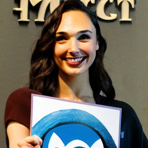 Image similar to Gal Gadot holding a sign that says M I T C H I E P O O !!!! as painted by Ralph Horsley