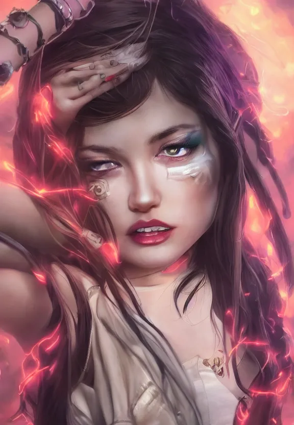 Image similar to full body illustration of a girl with eyes that burn like cigarettes wearing a mini skirt and a long jacket with fingernails that shine like justice, dramatic lighting, photorealistic, full body portrait, detailed anatomy, extreme detail, 4 k, colorful, confident, character concept art by artgerm and ben lo, octane render, detailed face, f / 2. 8