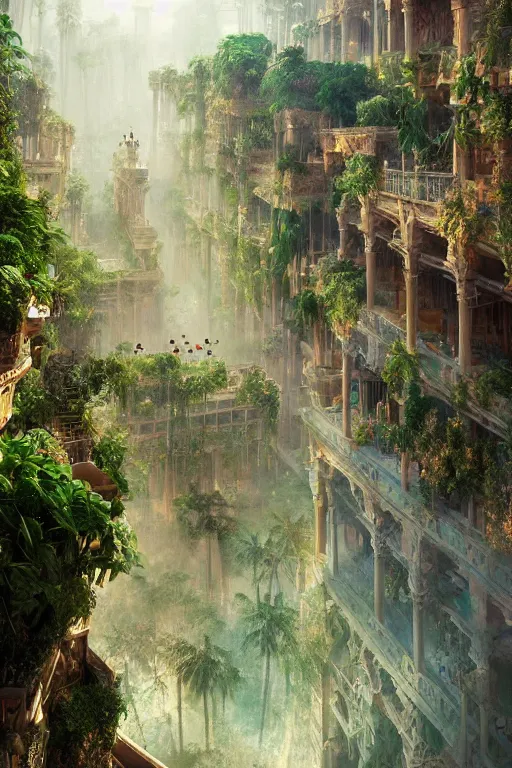 Image similar to magnificent view of the hanging gardens of babylon, intricate, elegant, volumetric lighting, digital painting, highly detailed, artstation, sharp focus, illustration, concept art, ruan jia, steve mccurry