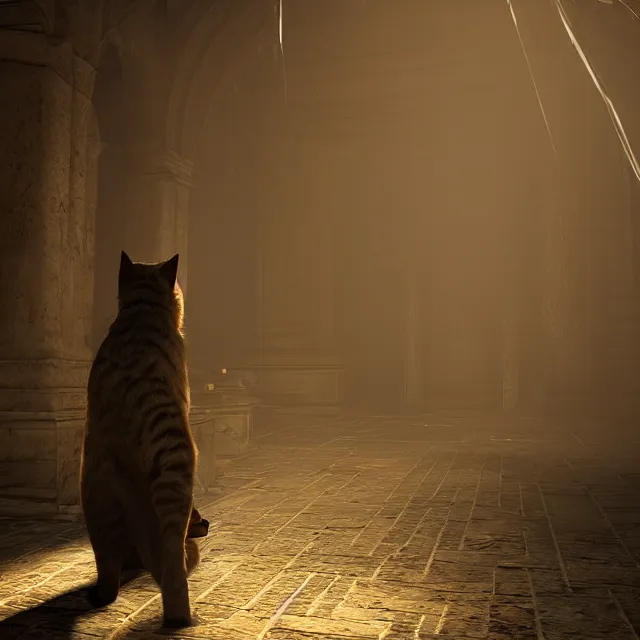 Image similar to a cat boss in dark souls, volumetric, realistic, cinematic lighting, ray tracing, unreal engine 5, unreal engine render, octane render, hyper realistic, photo, 8 k