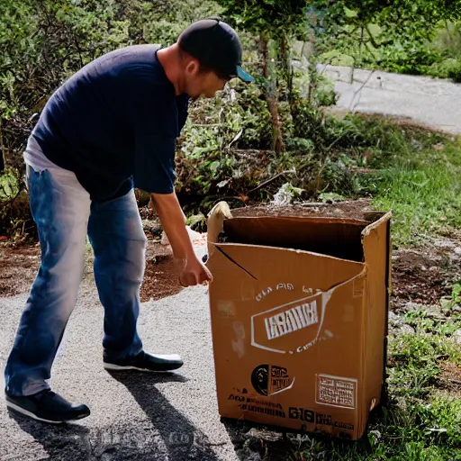 Prompt: A photo of a guy dumping forks out of a box into a garbage can. Taken with a Canon EOS 5D.