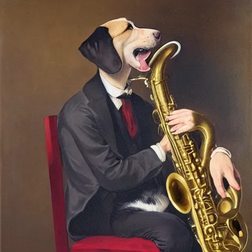 Prompt: a dog plays the saxophone, oil on canvas, 1 8 8 3, highly detailed