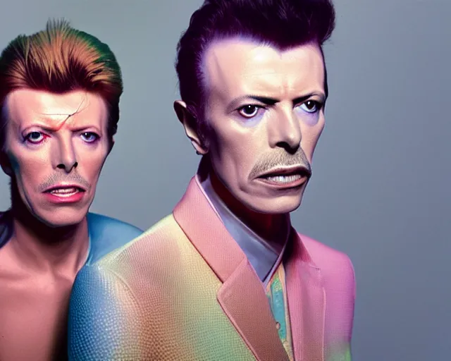 Prompt: david bowie and freddy mercury starring at the camera, neutral face, 4k, pastel colours, by beeple, album cover