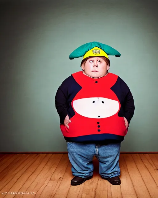 Image similar to Studio Photograph of a real life Eric Cartman from South Park shot in the Style of Annie Leibovitz in front of the Lincoln Memorial